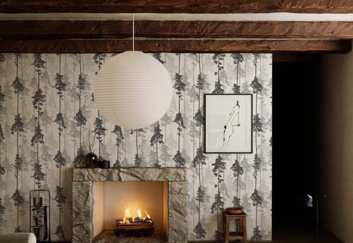 Timber, Monochrome Pine Silhouettes Wallpaper mockup