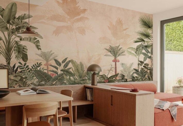 Botanical Paradise, Rustic Jungle Foliage Wall Mural mockup