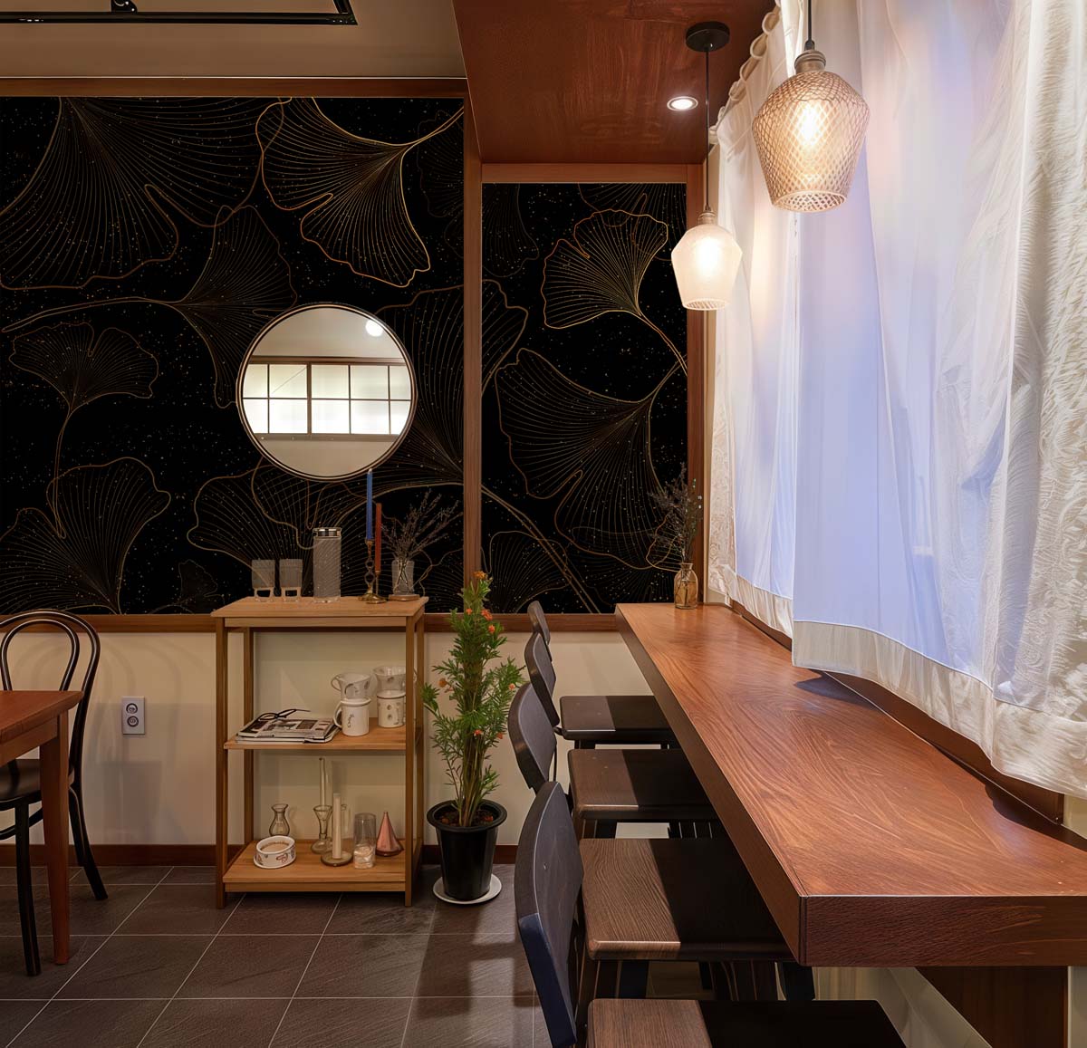 Nyra, Gold-lined Ginkgo Leaves Shimmer Wallpaper Mural mockup
