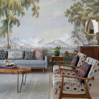 Alpine Pasture, Vintage Horse & Castle Wallpaper Mural mockup