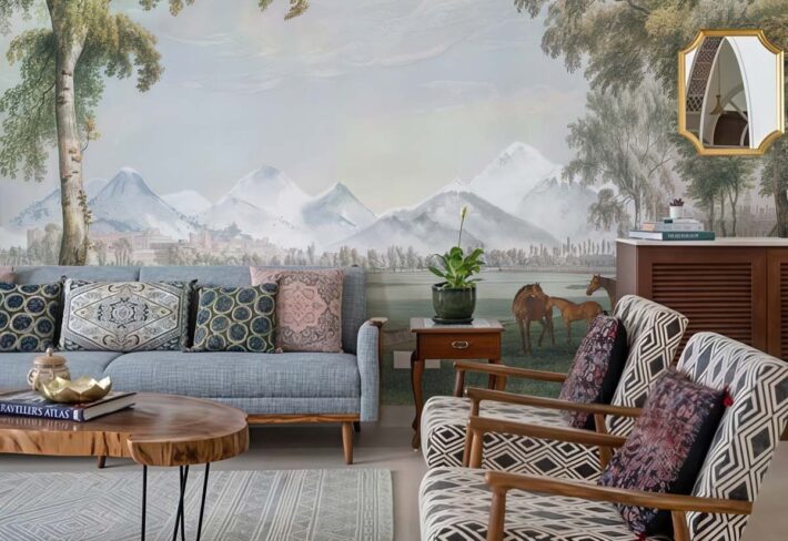 Alpine Pasture, Vintage Horse & Castle Wallpaper Mural mockup