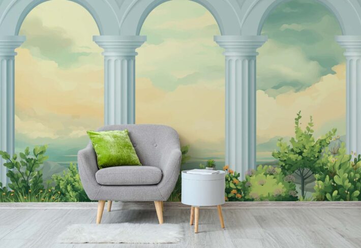 Lunaria Court, Classical Architectural Colonnade Wallpaper Mural mockup