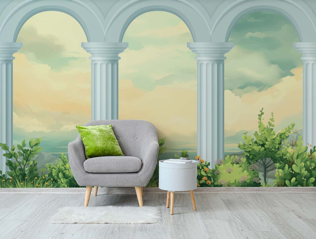 Lunaria Court, Classical Architectural Colonnade Wallpaper Mural mockup