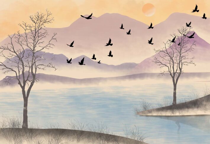 Lakesong, Watercolor Warm Pastel Sky Wallpaper Mural