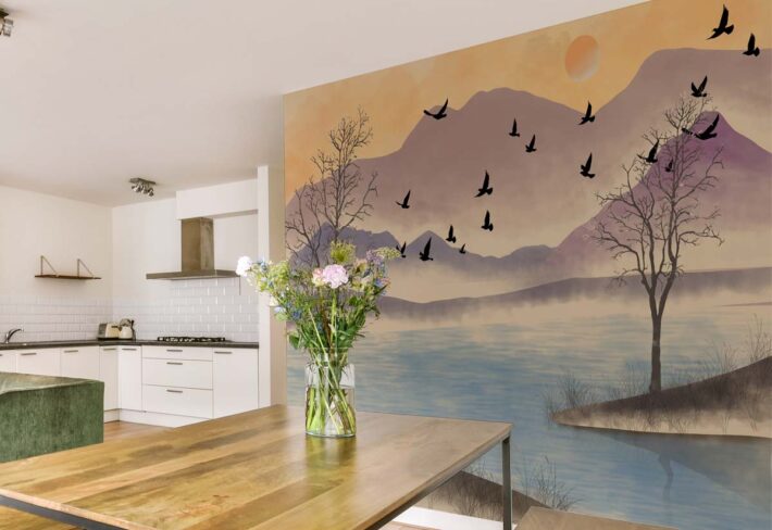 Lakesong, Watercolor Warm Pastel Sky Wallpaper Mural mockup