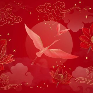 Kaida, Red Lotus Serenity and Crane Flight Elegance Wallpaper Mural