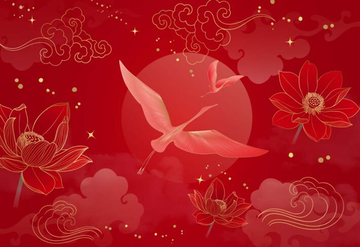 Kaida, Red Lotus Serenity and Crane Flight Elegance Wallpaper Mural