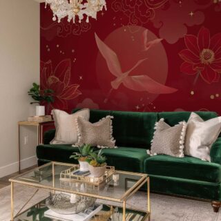 Kaida, Red Lotus Serenity and Crane Flight Elegance Wallpaper Mural mockup