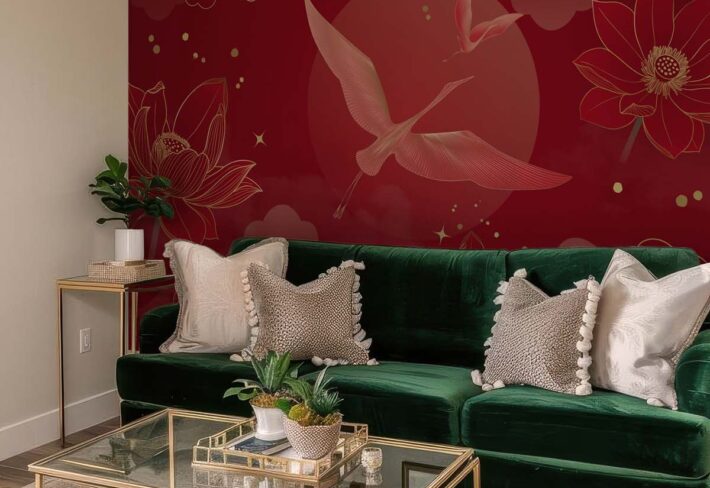 Kaida, Red Lotus Serenity and Crane Flight Elegance Wallpaper Mural mockup