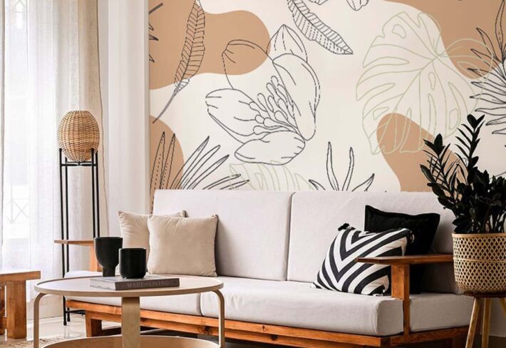 Calmora, Contemporary Style Line Art Leaves Wallpaper Mural mockup