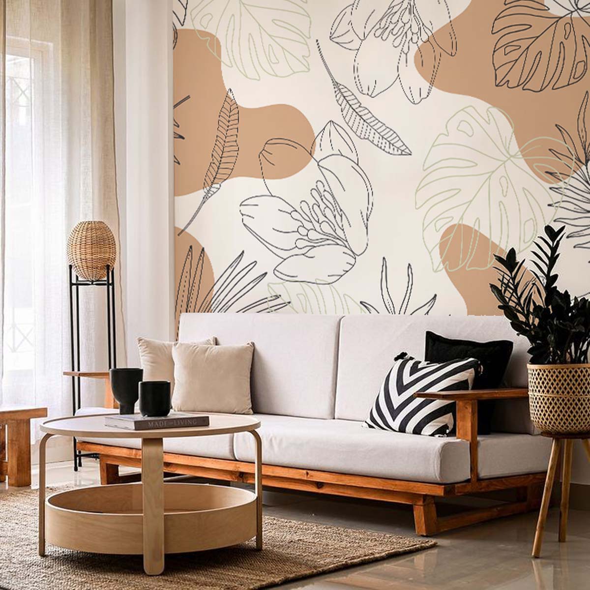 Calmora, Contemporary Style Line Art Leaves Wallpaper Mural mockup