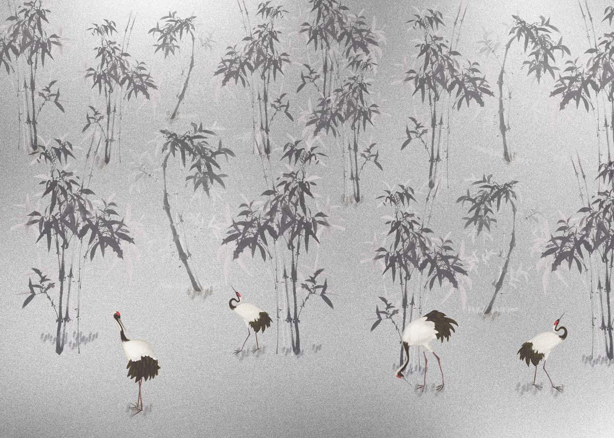 Mei, Gray Bamboo Crane Garden Mural