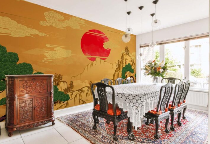 Akira, Golden Horizon with Crimson Sun Wall Mural mockup