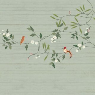 Penelope, Seafoam Green Garden Birds and Blossoms Wallpaper Mural