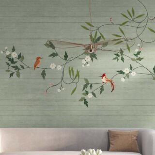 Penelope, Seafoam Green Garden Birds and Blossoms Wallpaper Mural mockup