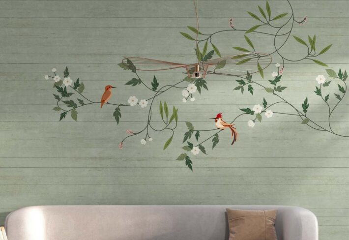 Penelope, Seafoam Green Garden Birds and Blossoms Wallpaper Mural mockup