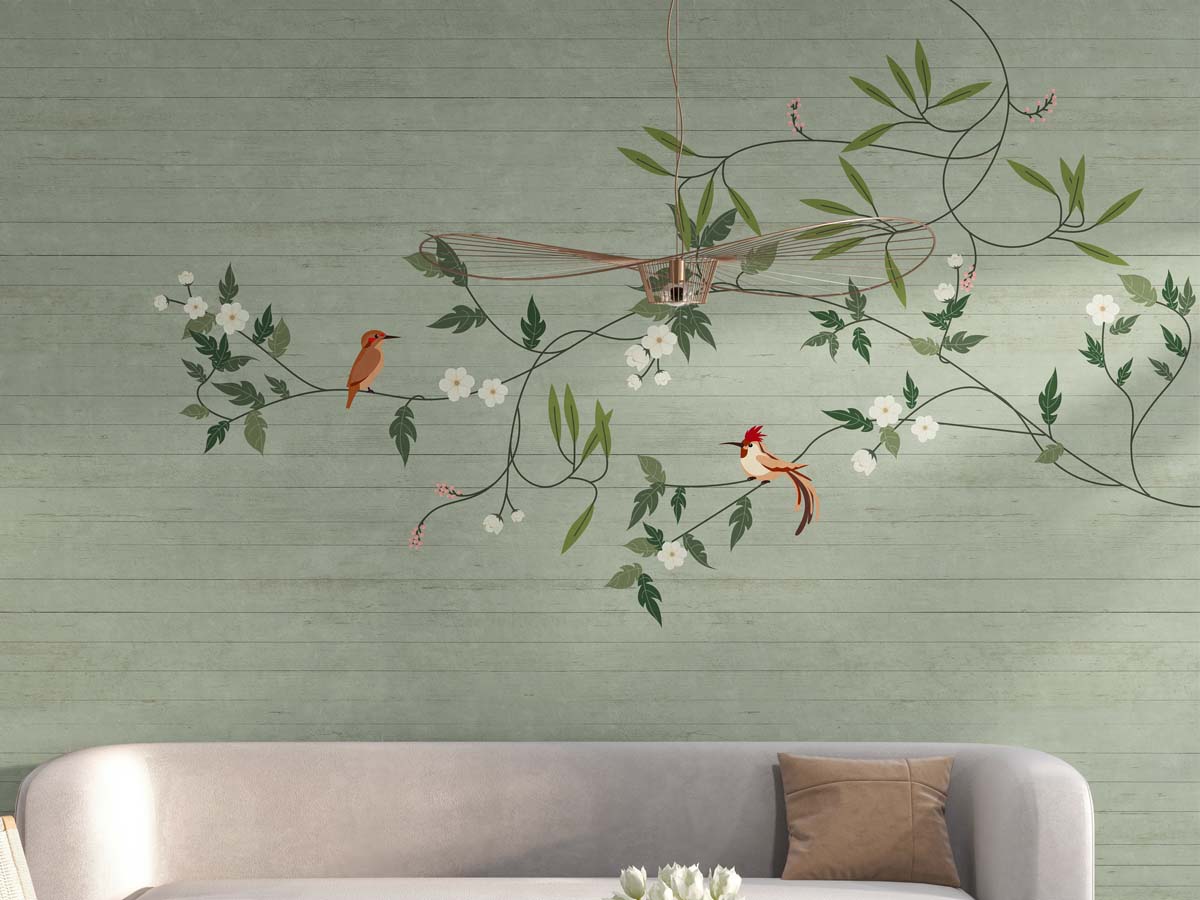 Penelope, Seafoam Green Garden Birds and Blossoms Wallpaper Mural mockup