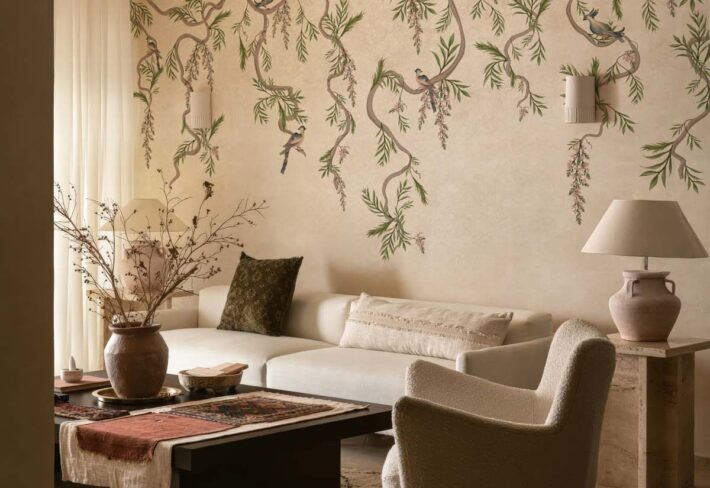 Ophelia, Soft Blush Pink Hanging Garden Birds Wallpaper Mural mockup