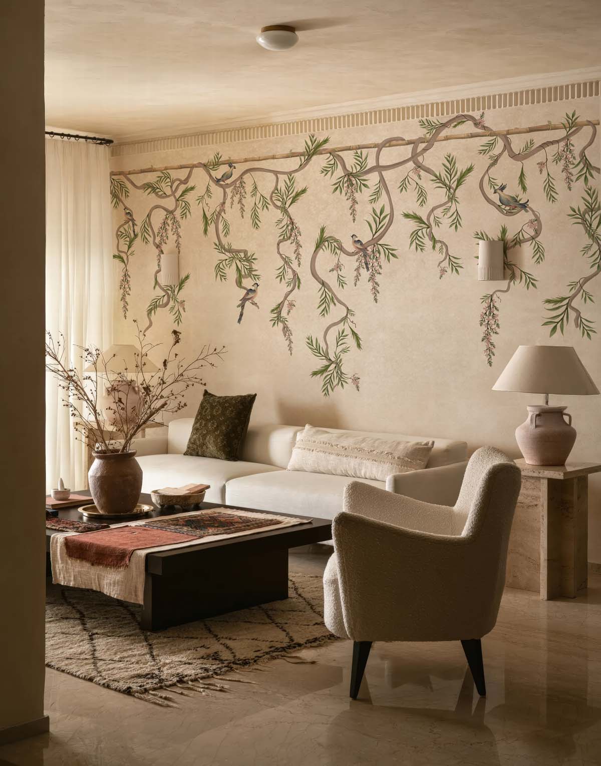 Ophelia, Soft Blush Pink Hanging Garden Birds Wallpaper Mural mockup