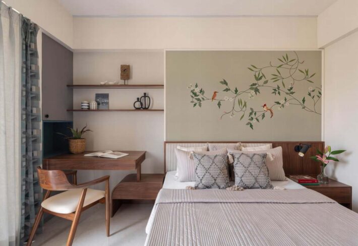 Penelope, Soft Sage Green Garden Birds and Blossoms Wallpaper Mural mockup