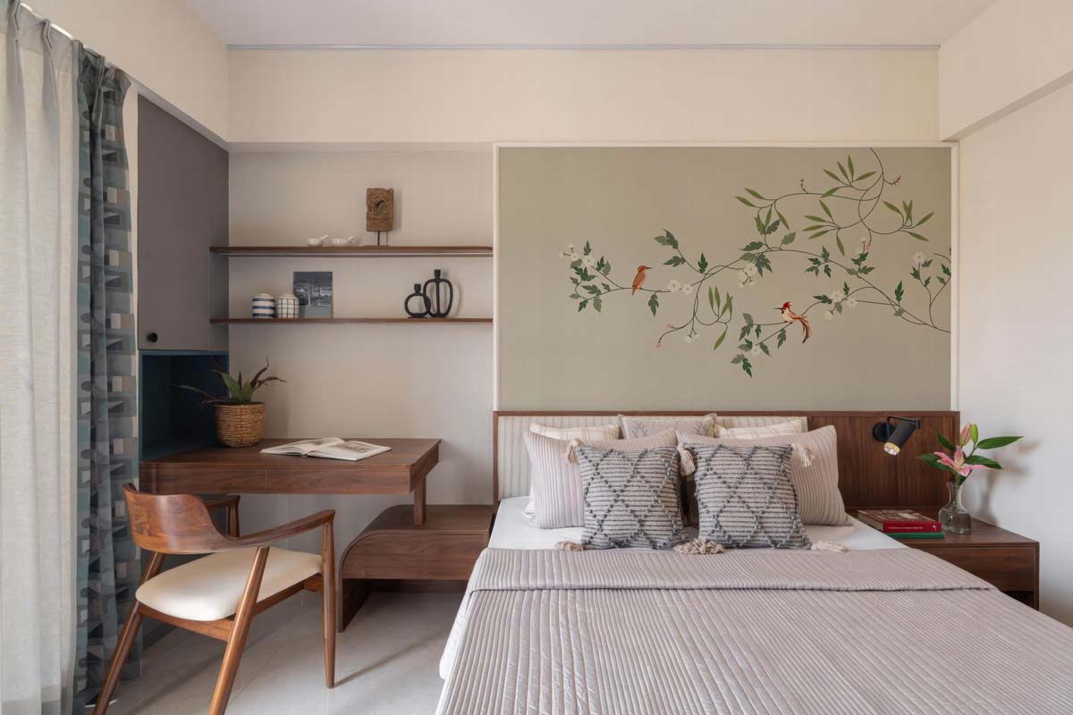 Penelope, Soft Sage Green Garden Birds and Blossoms Wallpaper Mural mockup