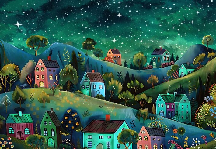 Whimsical Village Night Wallpaper Mural