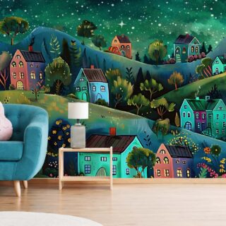 Whimsical Village Night Wallpaper Mural mockup
