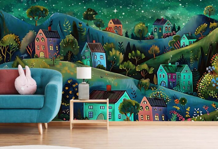 Whimsical Village Night Wallpaper Mural mockup