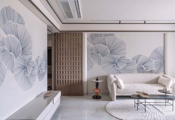 Aurevia, Fine Indigo Linework Petals Wallpaper Mural mockup