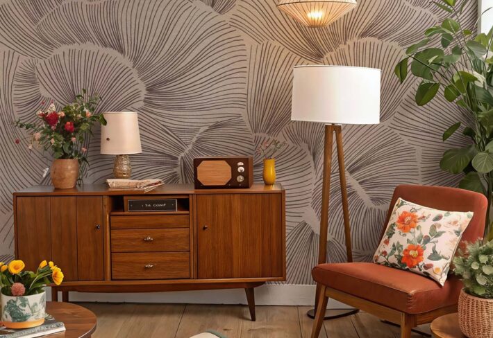 Aerisca, Soft Neutral Brown Petal Drift Wallpaper Mural mockup