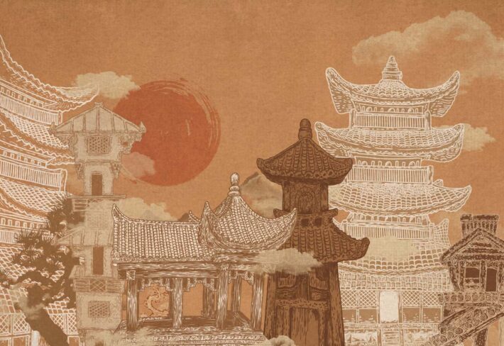 Zen Drift, Vintage Japanese Architectural Dreamscape Wallpaper Mural