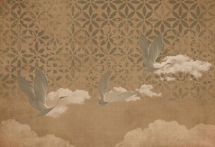 Tsuru Soar, Flight in Sepia Wallpaper Mural