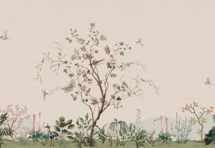 Verdant Murmurs, Birds in a Blooming Orchard Wallpaper Mural