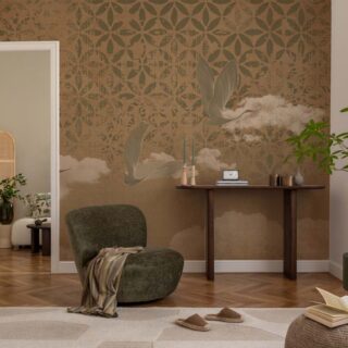 Tsuru Soar, Flight in Sepia Wallpaper Mural mockup