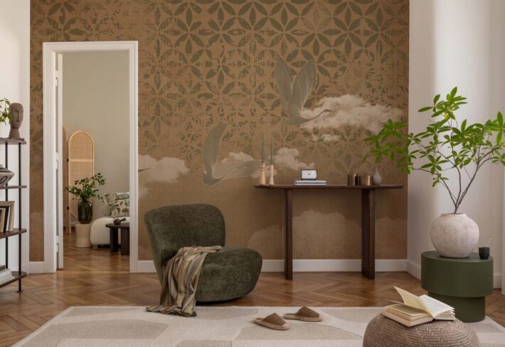 Tsuru Soar, Flight in Sepia Wallpaper Mural mockup
