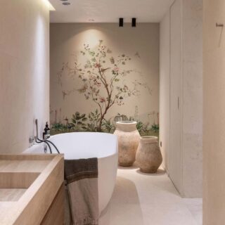 Verdant Murmurs, Birds in a Blooming Orchard Wallpaper Mural mockup
