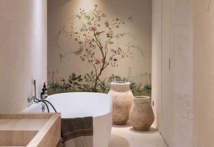 Verdant Murmurs, Birds in a Blooming Orchard Wallpaper Mural mockup