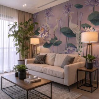 Elysian Pond, Lavender Serenity in Bloom Wallpaper Mural mockup