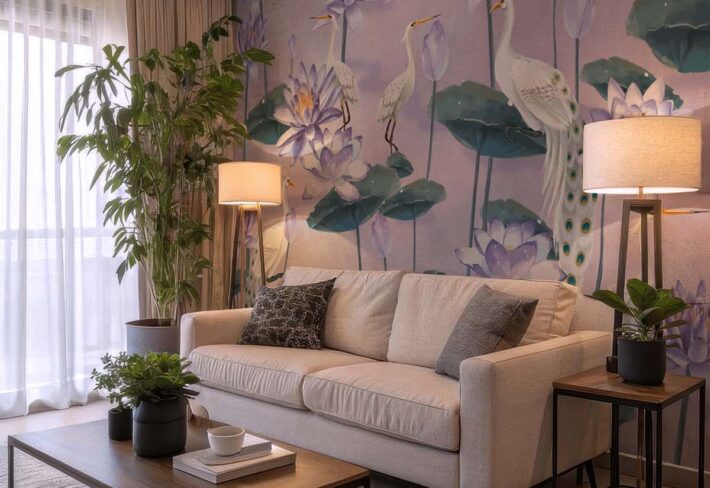 Elysian Pond, Lavender Serenity in Bloom Wallpaper Mural mockup