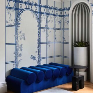 Trellis Reverie, Delft Blue Arch Wallpaper Mural mockup