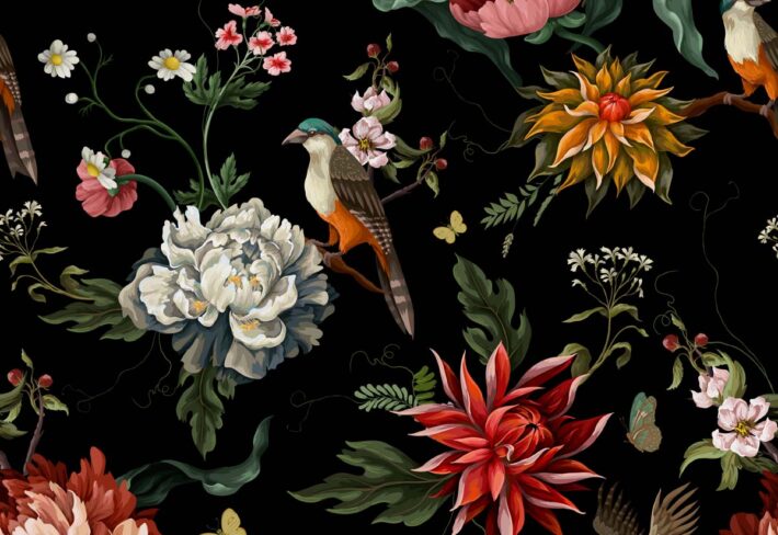 Obsidian Grove, Floral Fantasy with Songbirds Wallpaper Mural