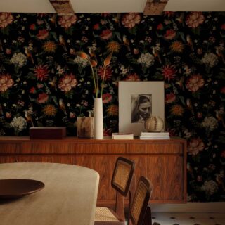 Obsidian Grove, Floral Fantasy with Songbirds Wallpaper mockup