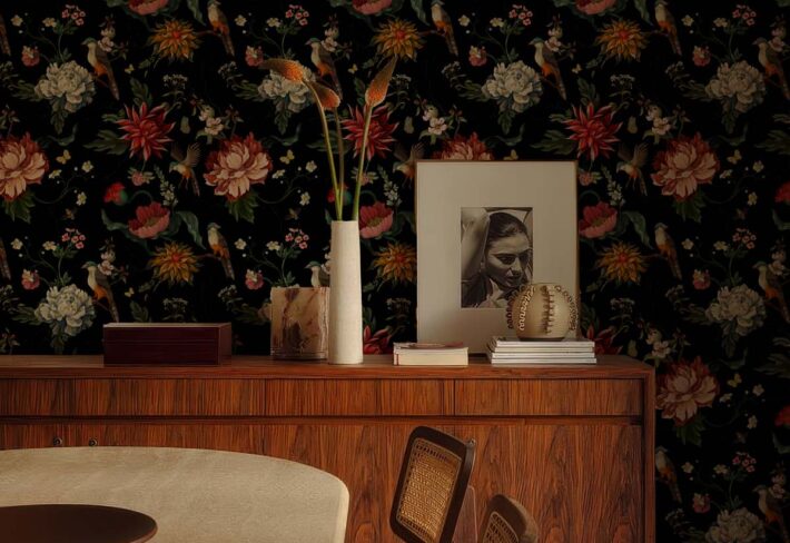 Obsidian Grove, Floral Fantasy with Songbirds Wallpaper mockup