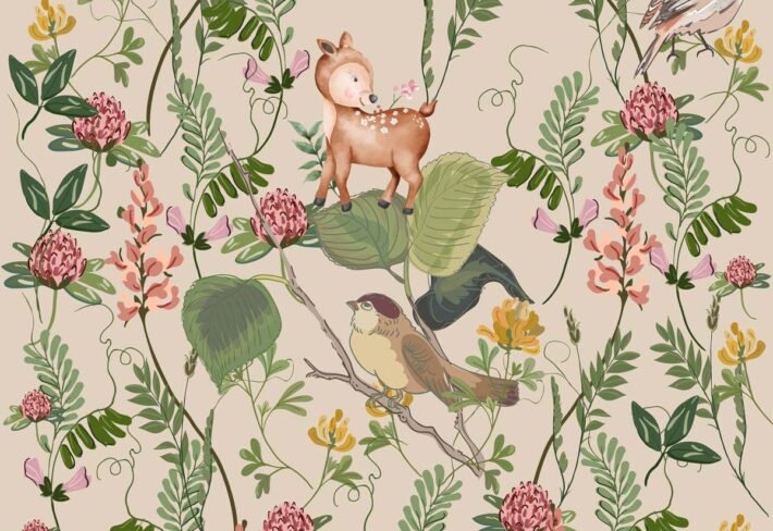 Floral Nest, Baby Deer and Bird Garden Wallpaper Mural