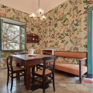 Floral Nest, Baby Deer and Bird Garden Wallpaper mockup