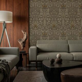 Golden Grove, Ornate Leaves in Antique Bloom Wallpaper mockup