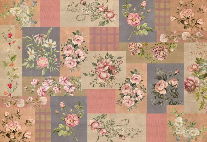 Patchwork Rosewood, Antique Floral Collage Wallpaper Mural