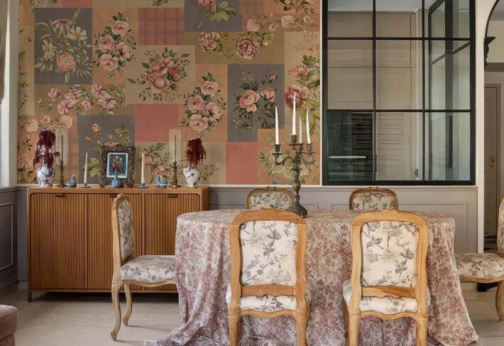 Patchwork Rosewood, Antique Floral Collage Wallpaper Mural mockup