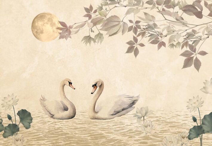 Moonlit Swanscape, Swan Pair in Dreamy Moonlit Setting Wallpaper Mural