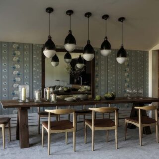 Lush Tapestry, Vintage Floral Stripe Wallpaper in Blue and Grey mockup